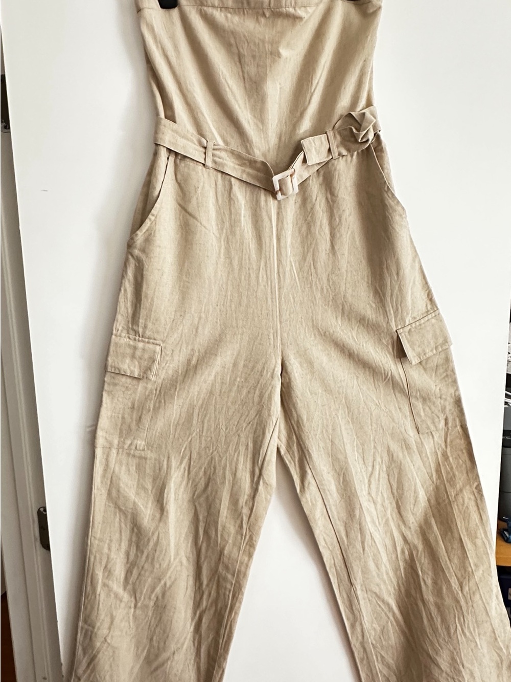 Sim & Sam Beige High-Waist Utility Jumpsuit with Adjustable Belt